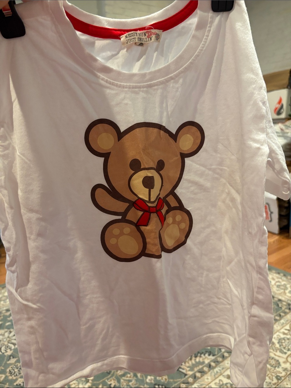 Kids White Long-Sleeve Shirt with Brown Teddy Bear Graphic - Just Chillin'